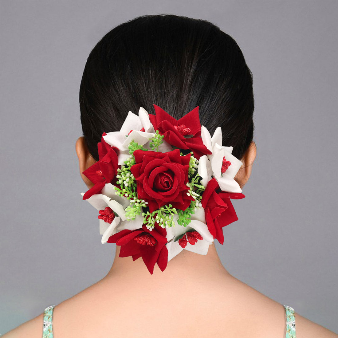 Maroon & White Color Rose Flower Hair juda//Bun (HRP272MRNWHT) Jewellery GetGlit