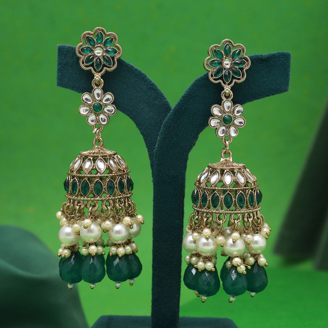 Green Color Kundan Earrings (KDE1000GRN)