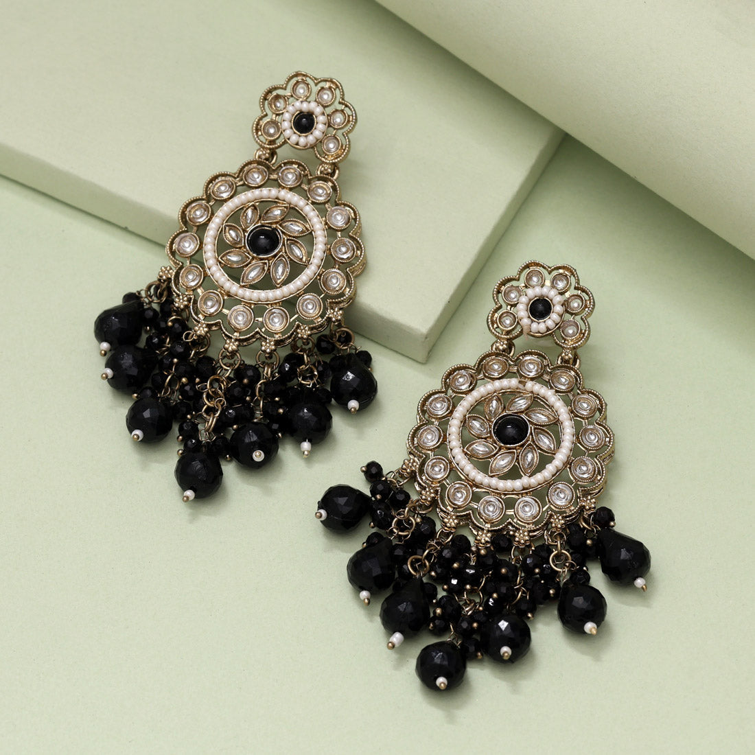 Black Color Kundan Earrings (KDE1002BLK) Jewellery GetGlit