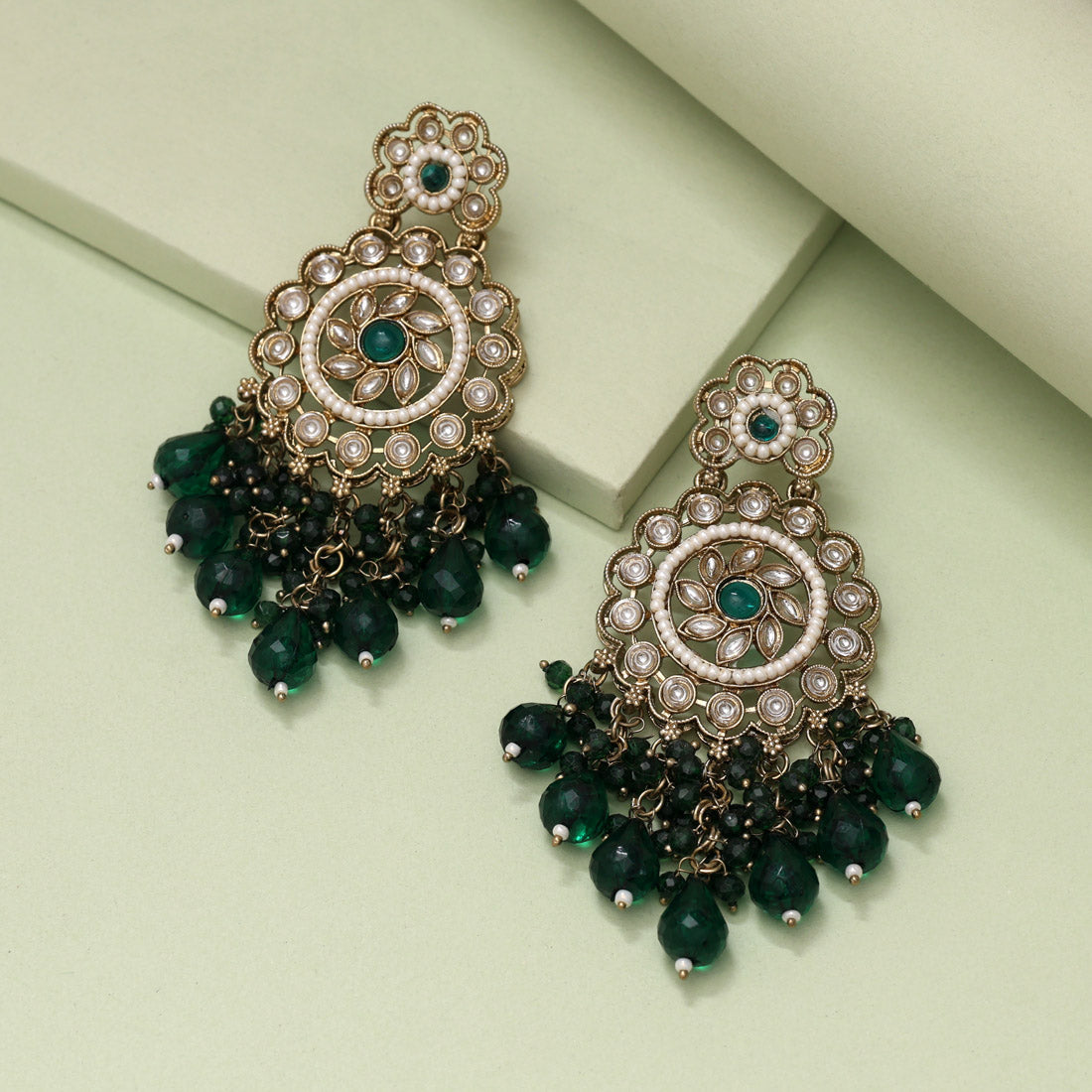 Green Color Kundan Earrings (KDE1002GRN) Jewellery GetGlit