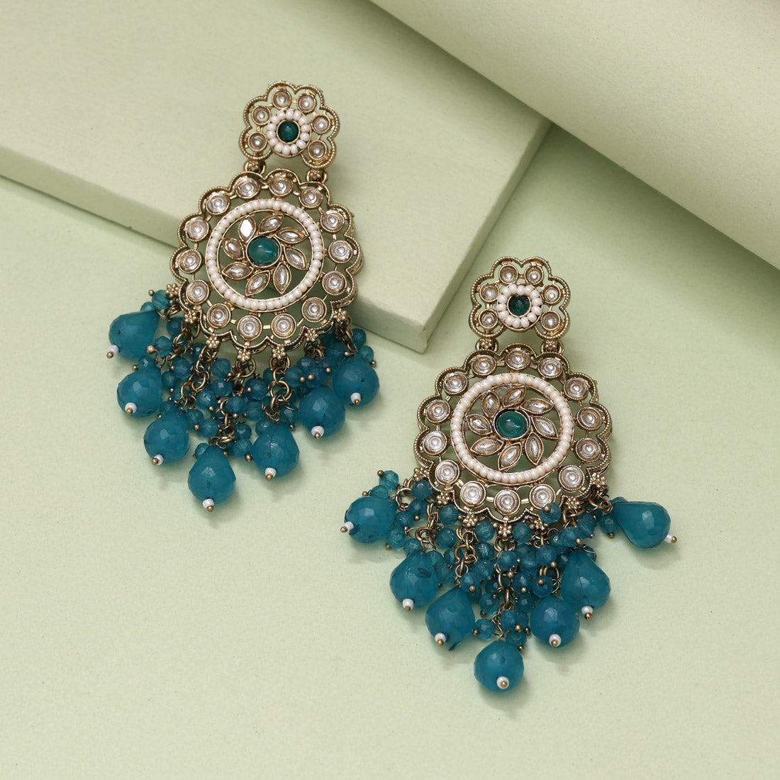 Turquoise Blue Color Kundan Earrings (KDE1002TBLU) Jewellery GetGlit