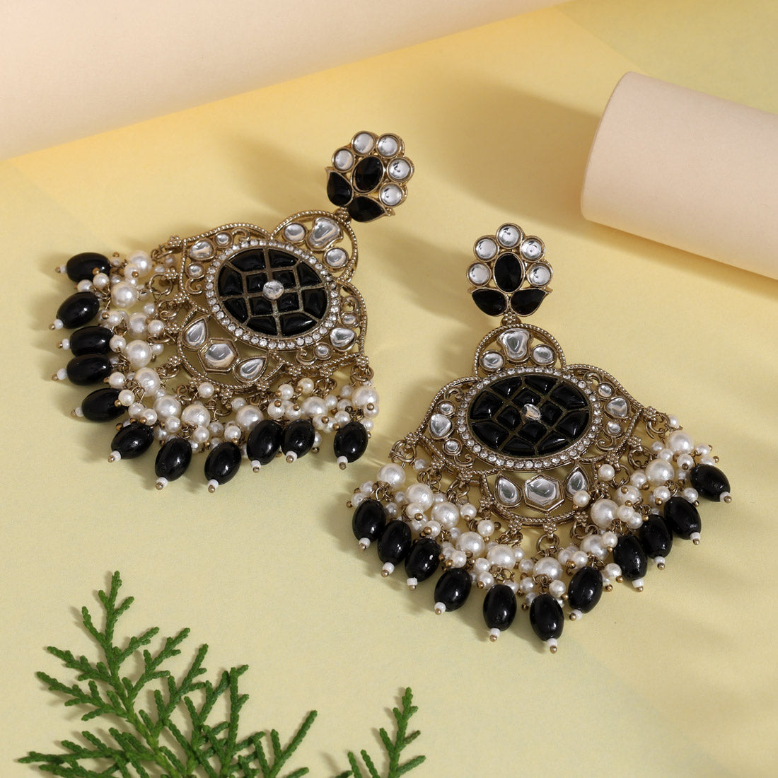 Black Color Kundan Earrings (KDE1003BLK)