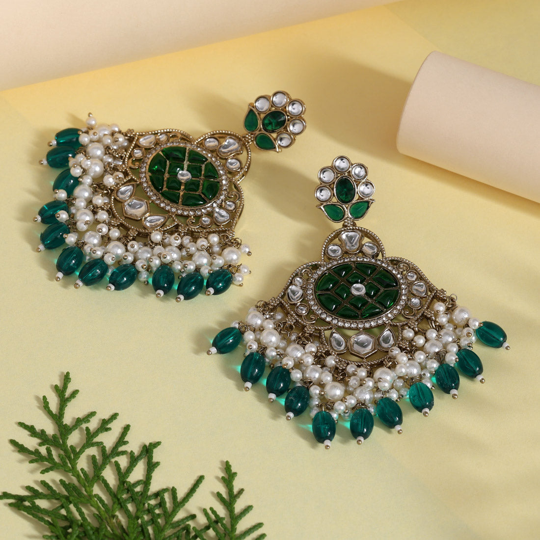 Green Color Kundan Earrings (KDE1003GRN)