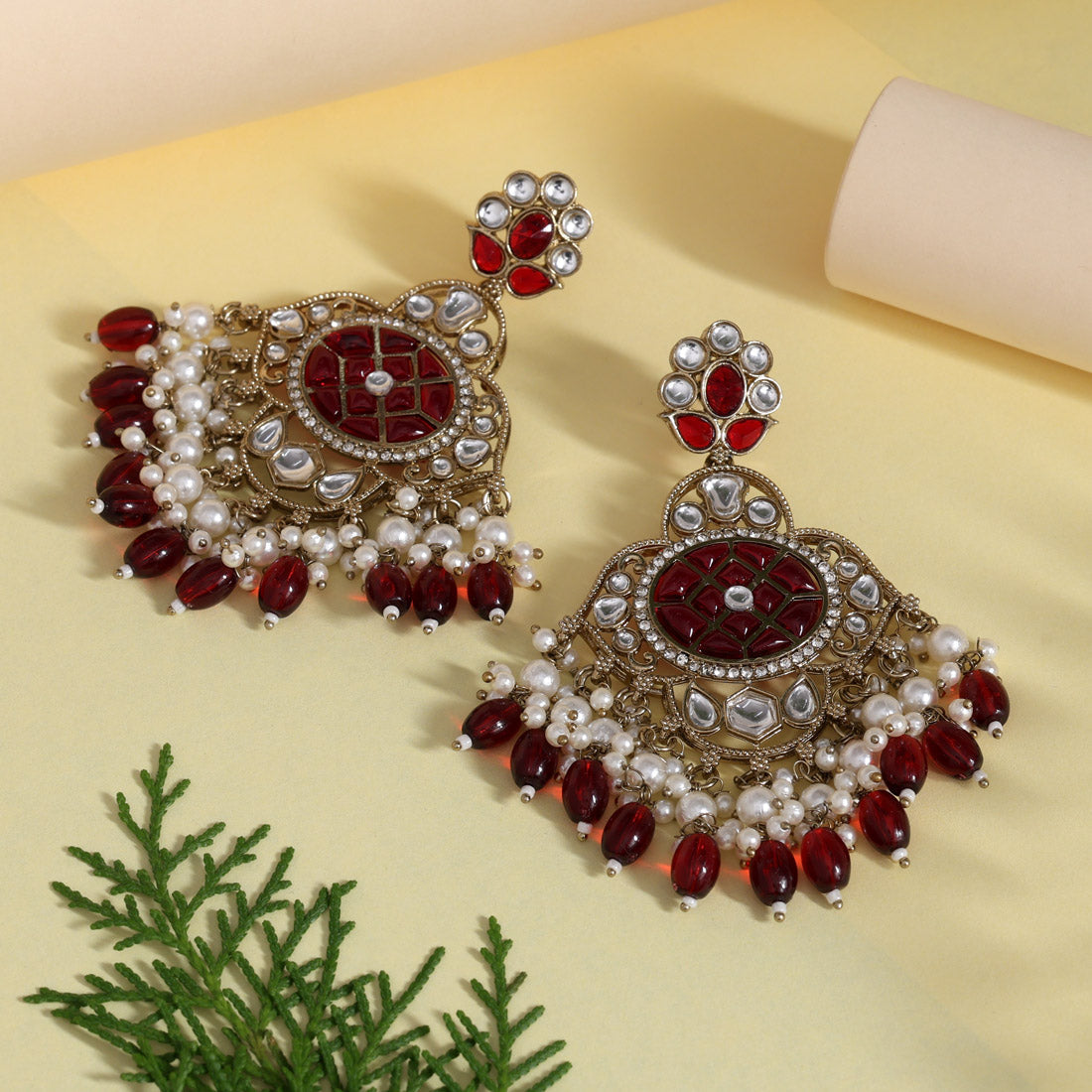 Maroon Color Kundan Earrings (KDE1003MRN)