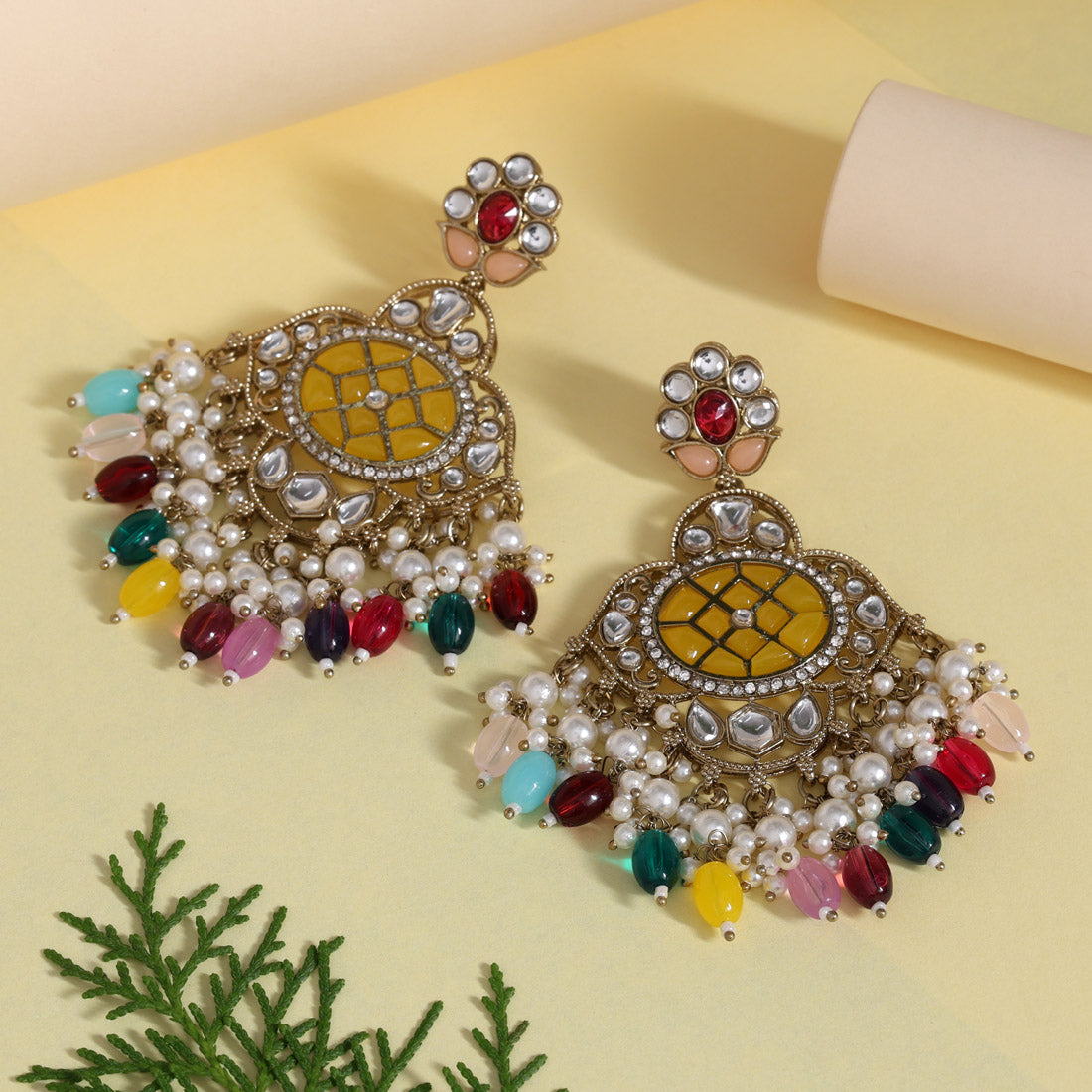 Yellow Color Kundan Earrings (KDE1003YLW)