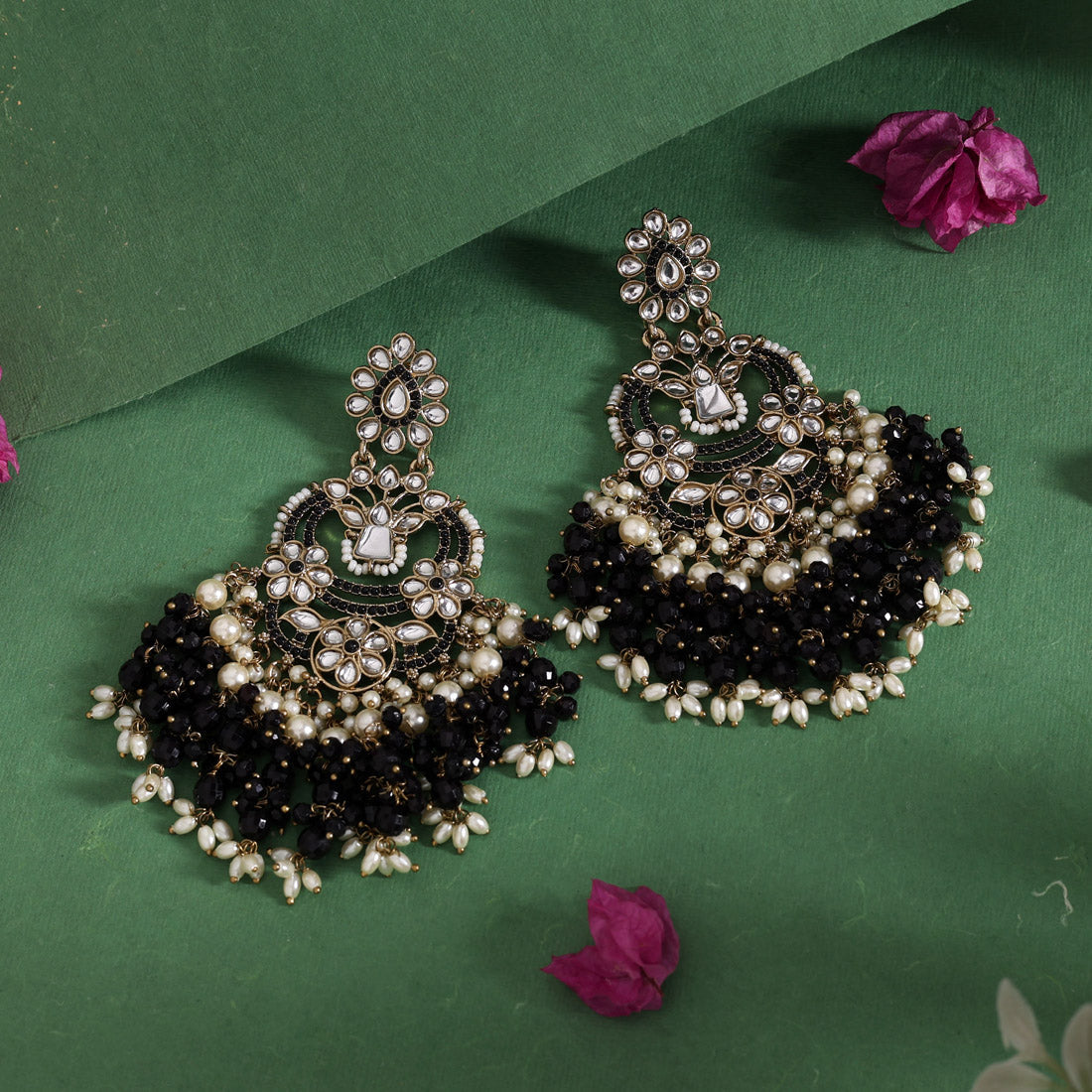 Black Color Pakistani Kundan Earrings (KDE1004BLK) Jewellery GetGlit