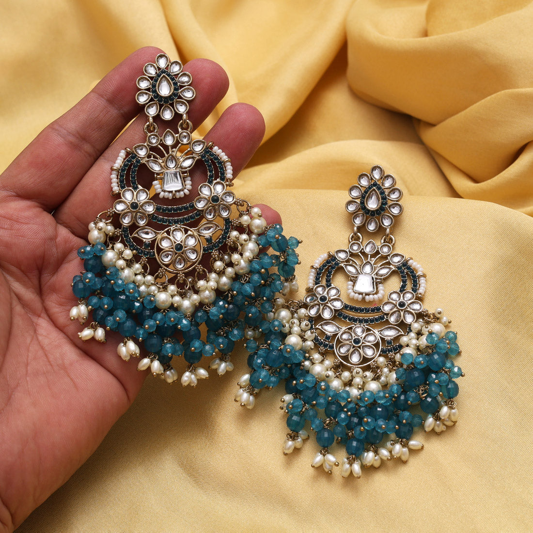 Turquoise Blue Color Pakistani Kundan Earrings (KDE1004TBLU) Jewellery GetGlit