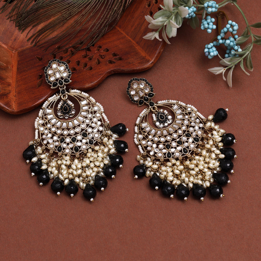 Black Color Kundan Earrings (KDE1006BLK) Jewellery GetGlit