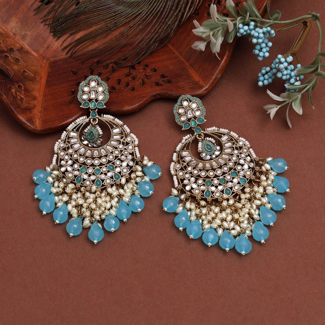 Firozi Color Kundan Earrings (KDE1006FRZ) Jewellery GetGlit