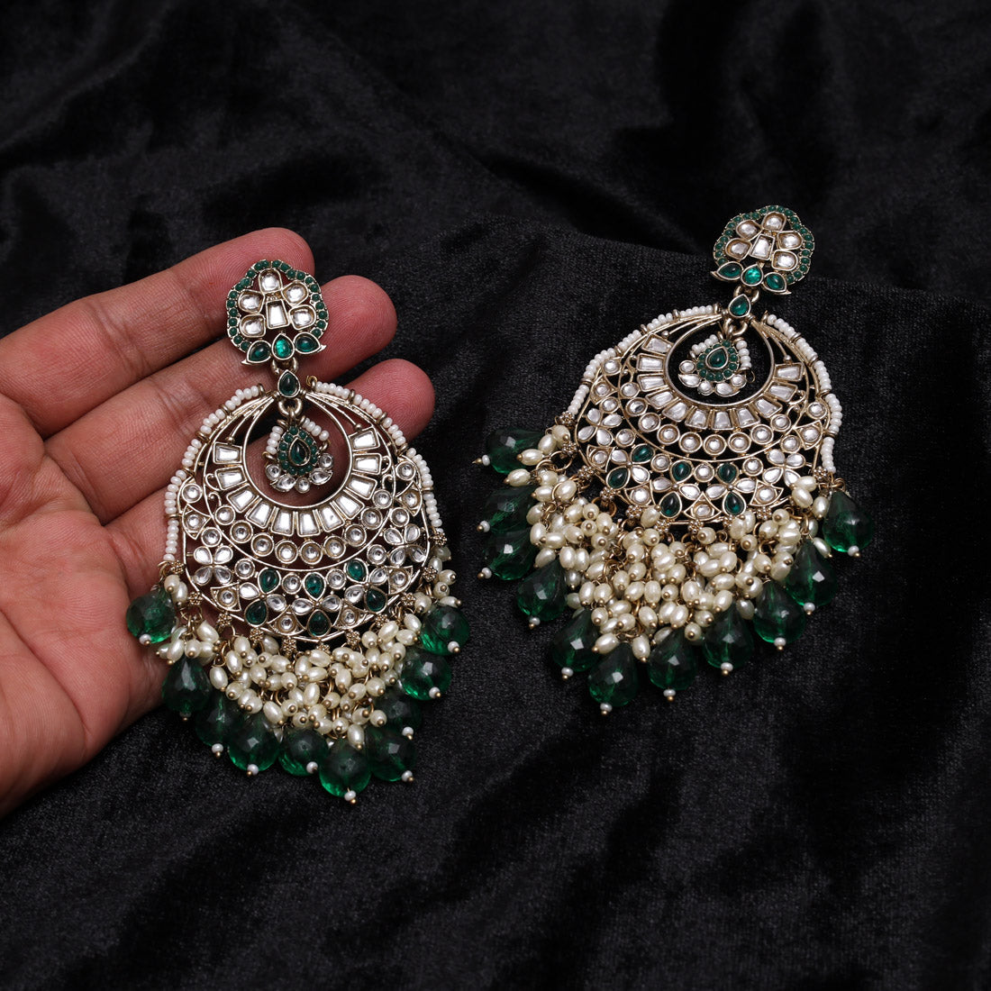 Green Color Kundan Earrings (KDE1006GRN) Jewellery GetGlit