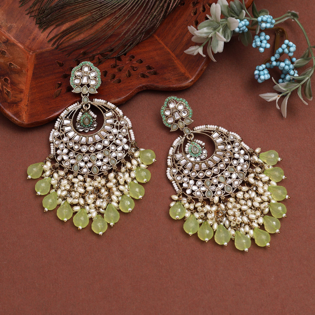 Pista Green Color Kundan Earrings (KDE1006PGRN) Jewellery GetGlit