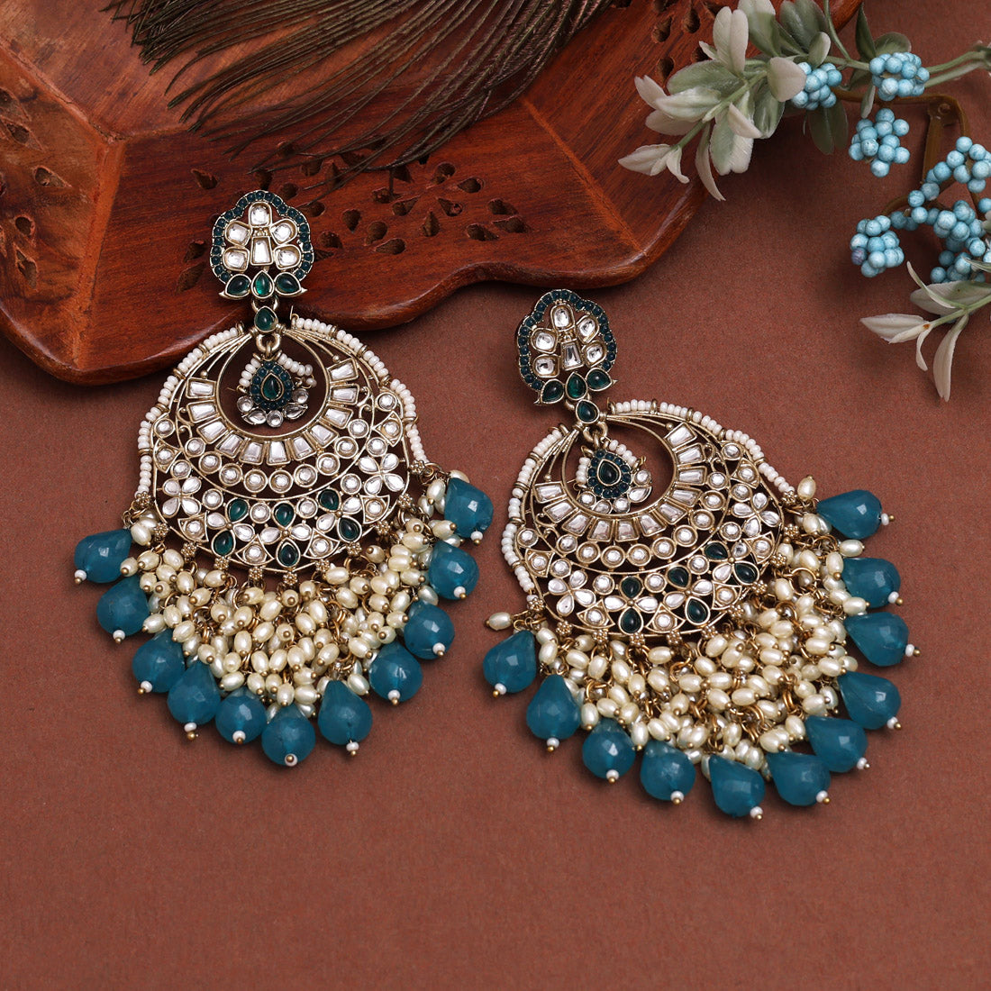 Turquoise Blue Color Kundan Earrings (KDE1006TBLU)