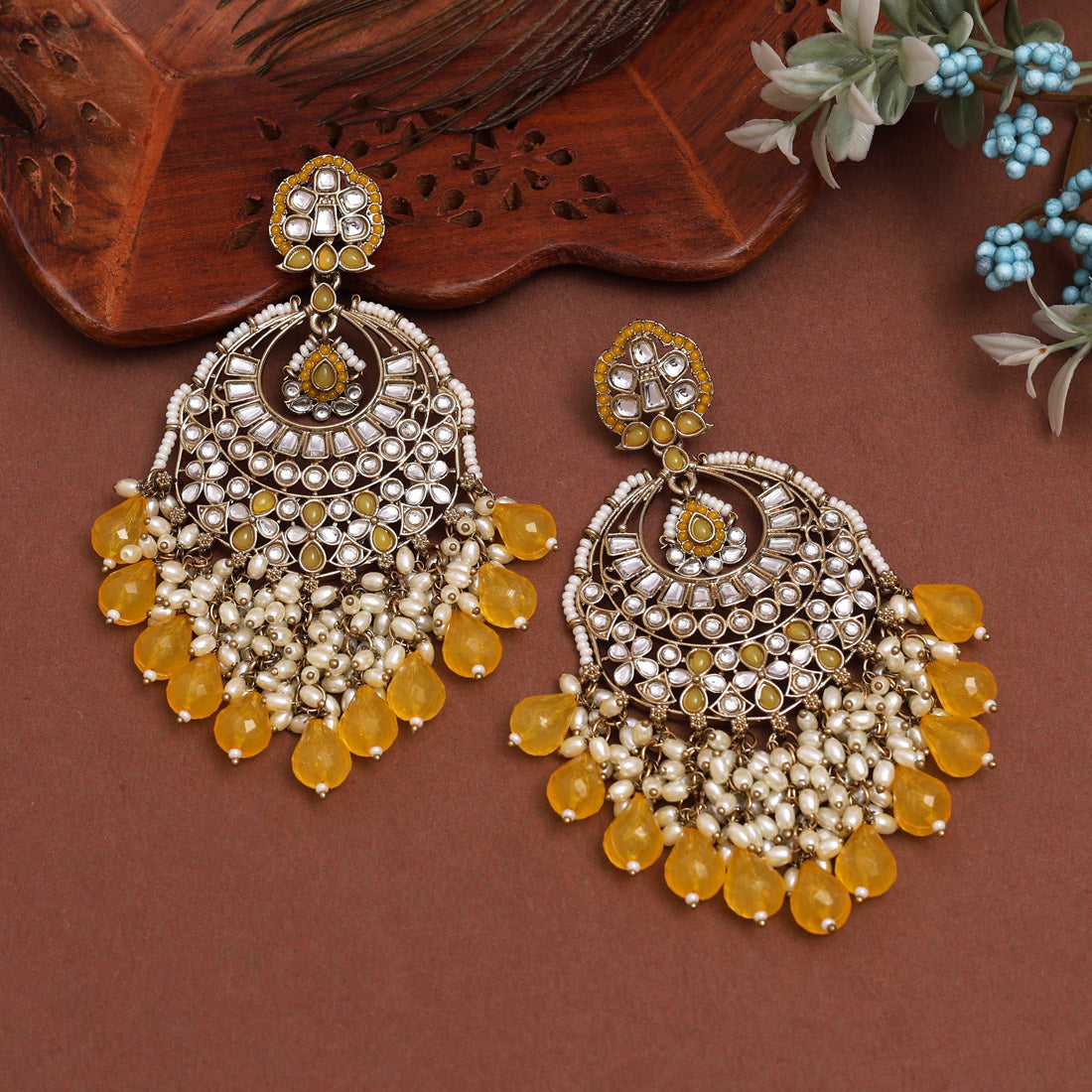 Yellow Color Kundan Earrings (KDE1006YLW) Jewellery GetGlit