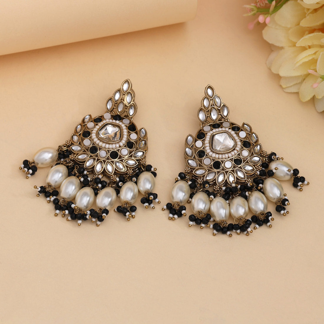 Black Color Kundan Earrings (KDE1007BLK) Jewellery GetGlit