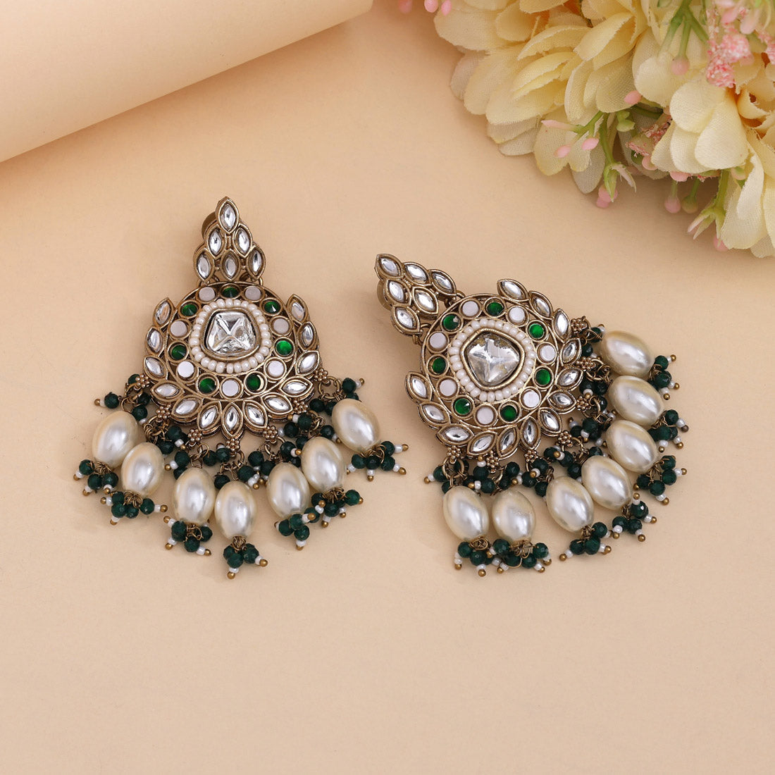 Green Color Kundan Earrings (KDE1007GRN) Jewellery GetGlit