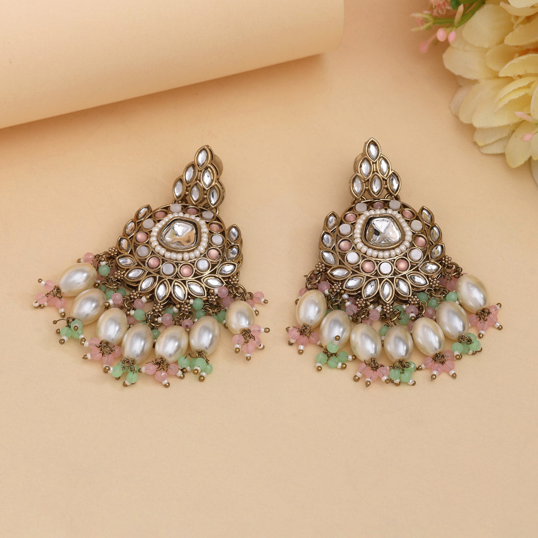 Pink & Pista Green Color Kundan Earrings (KDE1007PNKPGRN) Jewellery GetGlit