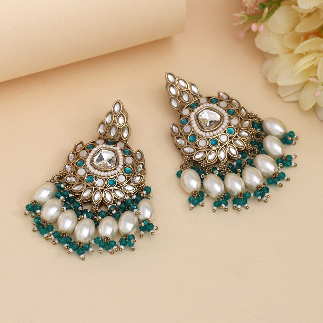 Rama Green Color Kundan Earrings Jewellery GetGlit