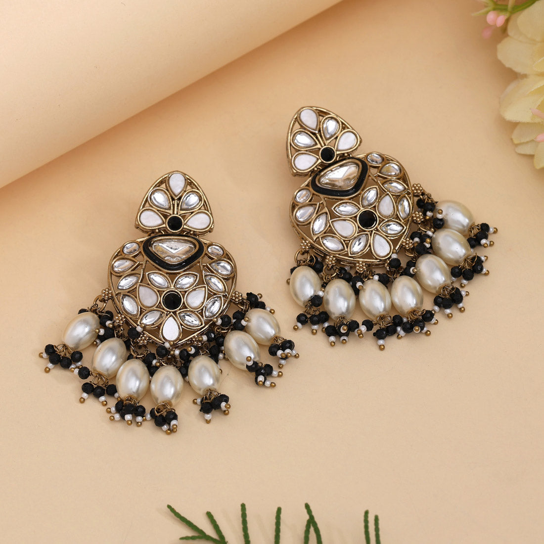 Black Color Kundan Earrings (KDE1008BLK) Jewellery GetGlit