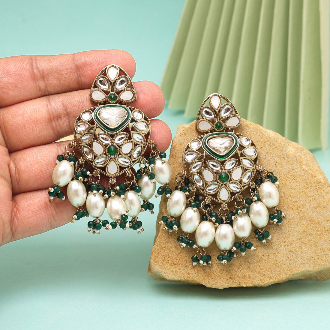 Green Color Kundan Earrings (KDE1008GRN) Jewellery GetGlit