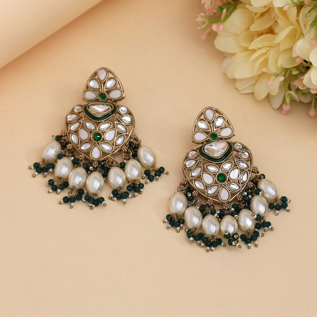 Green Color Kundan Earrings (KDE1008GRN) Jewellery GetGlit