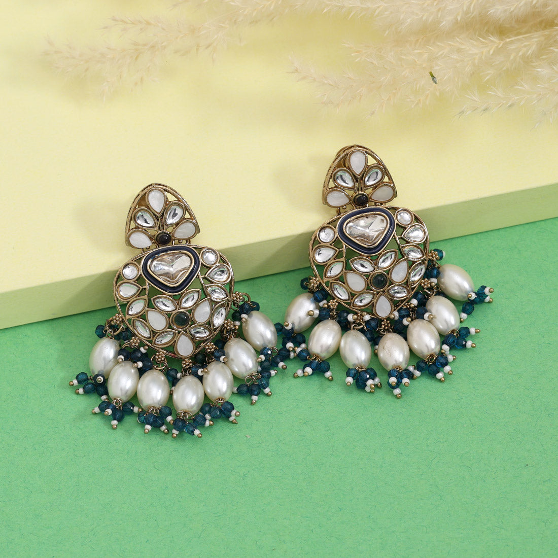 Turquoise Blue Color Kundan Earrings (KDE1008TBLU) Jewellery GetGlit