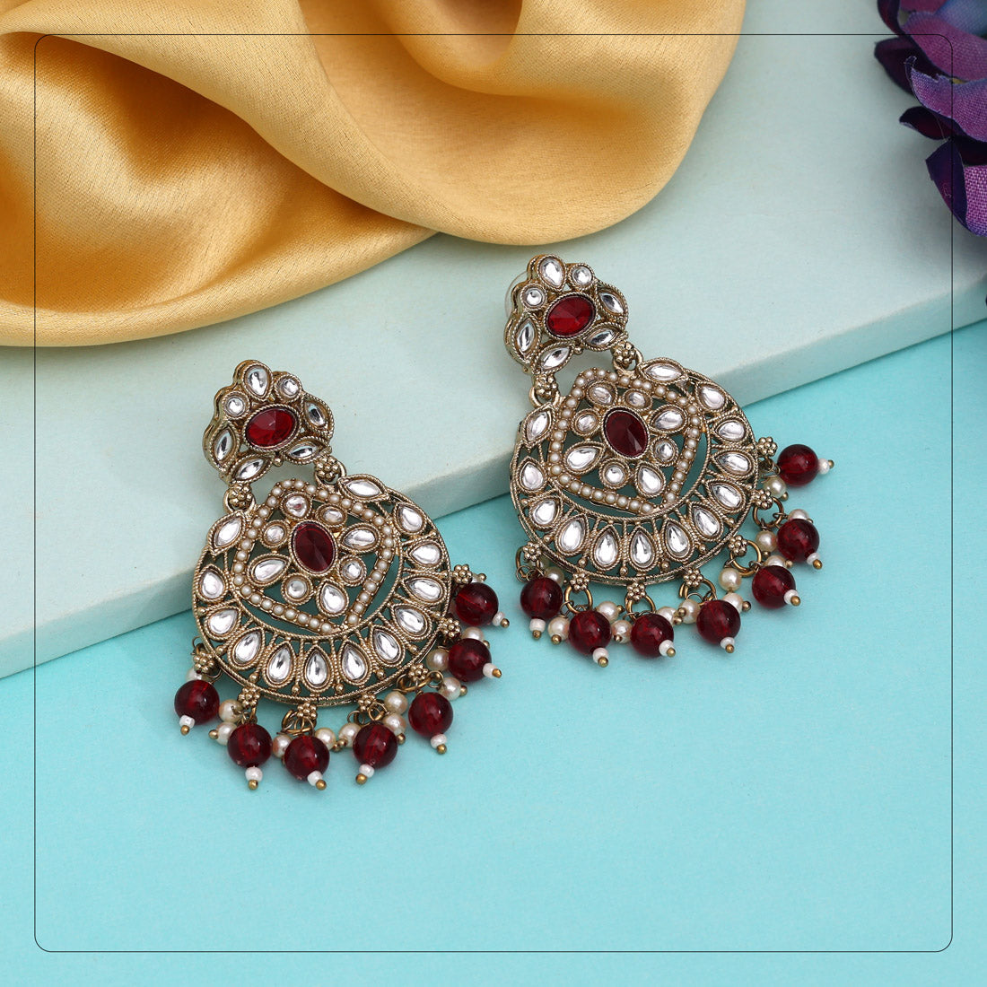 Maroon Color Kundan Earrings (KDE1009MRN) Jewellery GetGlit