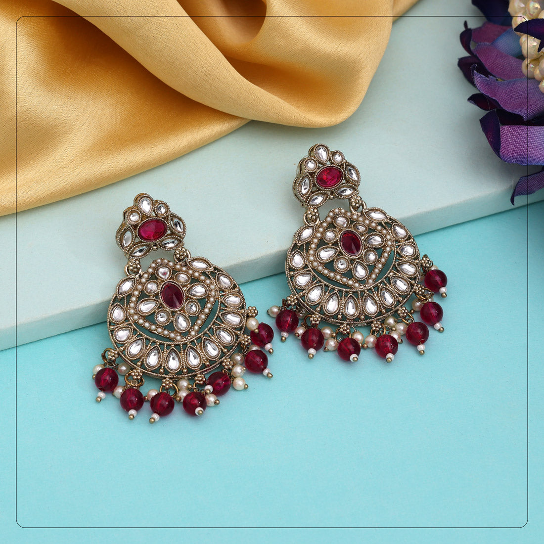 Rani Color Kundan Earrings (KDE1009RNI)