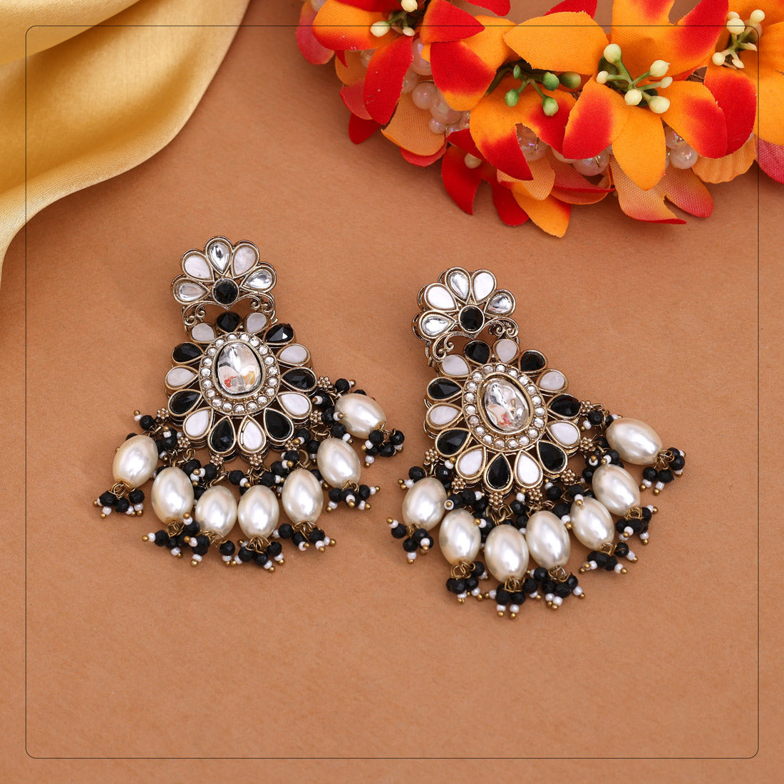 Black Color Kundan Earrings (KDE1010BLK)