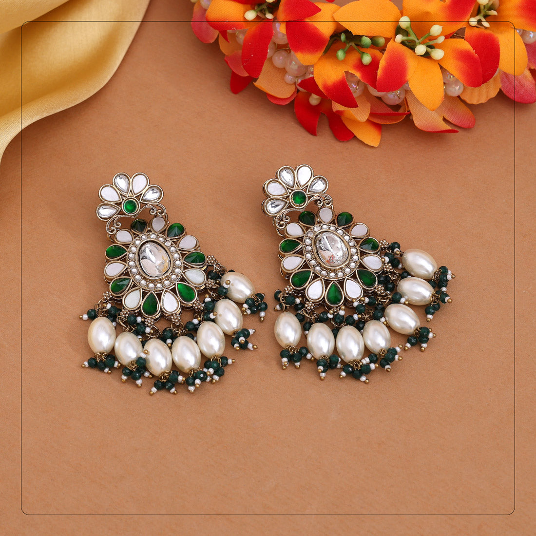 Green Color Kundan Earrings (KDE1010GRN) Jewellery GetGlit