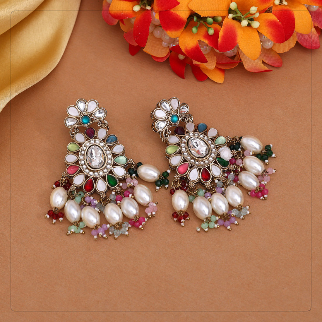 Multi Color Kundan Earrings (KDE1010MLT) Jewellery GetGlit