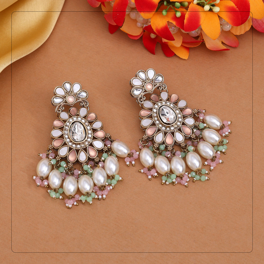 Pink & Pista Green Color Kundan Earrings (KDE1010PNKPGRN) Jewellery GetGlit