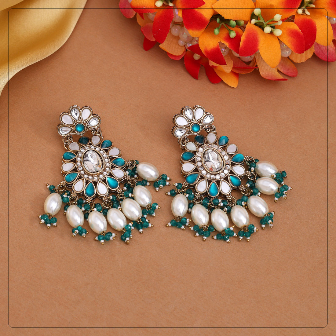 Rama Green Color Kundan Earrings (KDE1010RGRN) Jewellery GetGlit