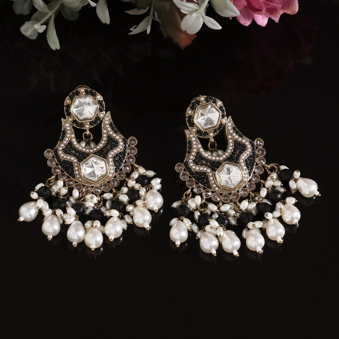 Black Color Pakistani Kundan Earrings Jewellery GetGlit