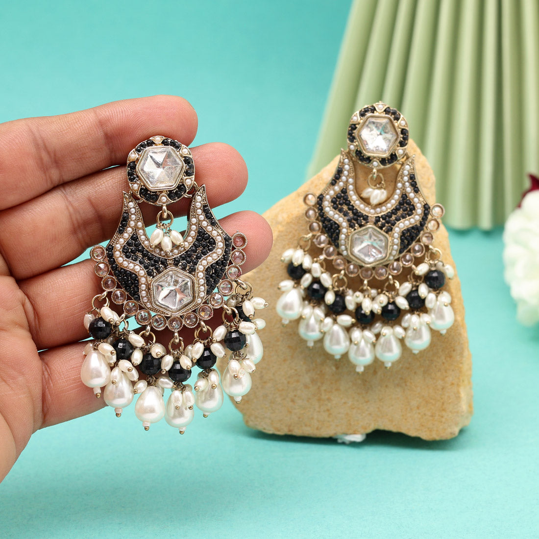 Black Color Pakistani Kundan Earrings Jewellery GetGlit