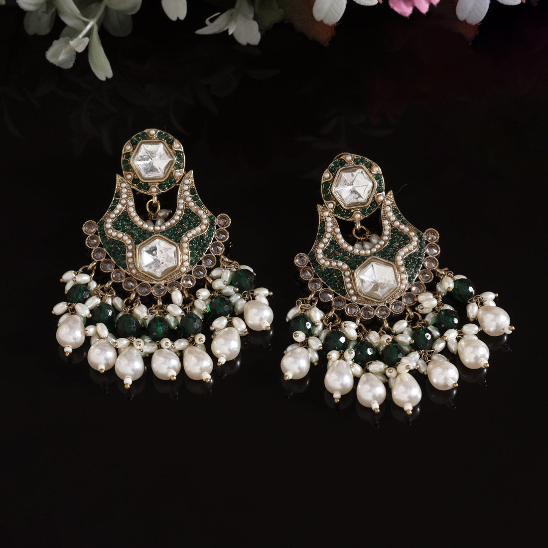 Green Color Pakistani Kundan Earrings Jewellery GetGlit