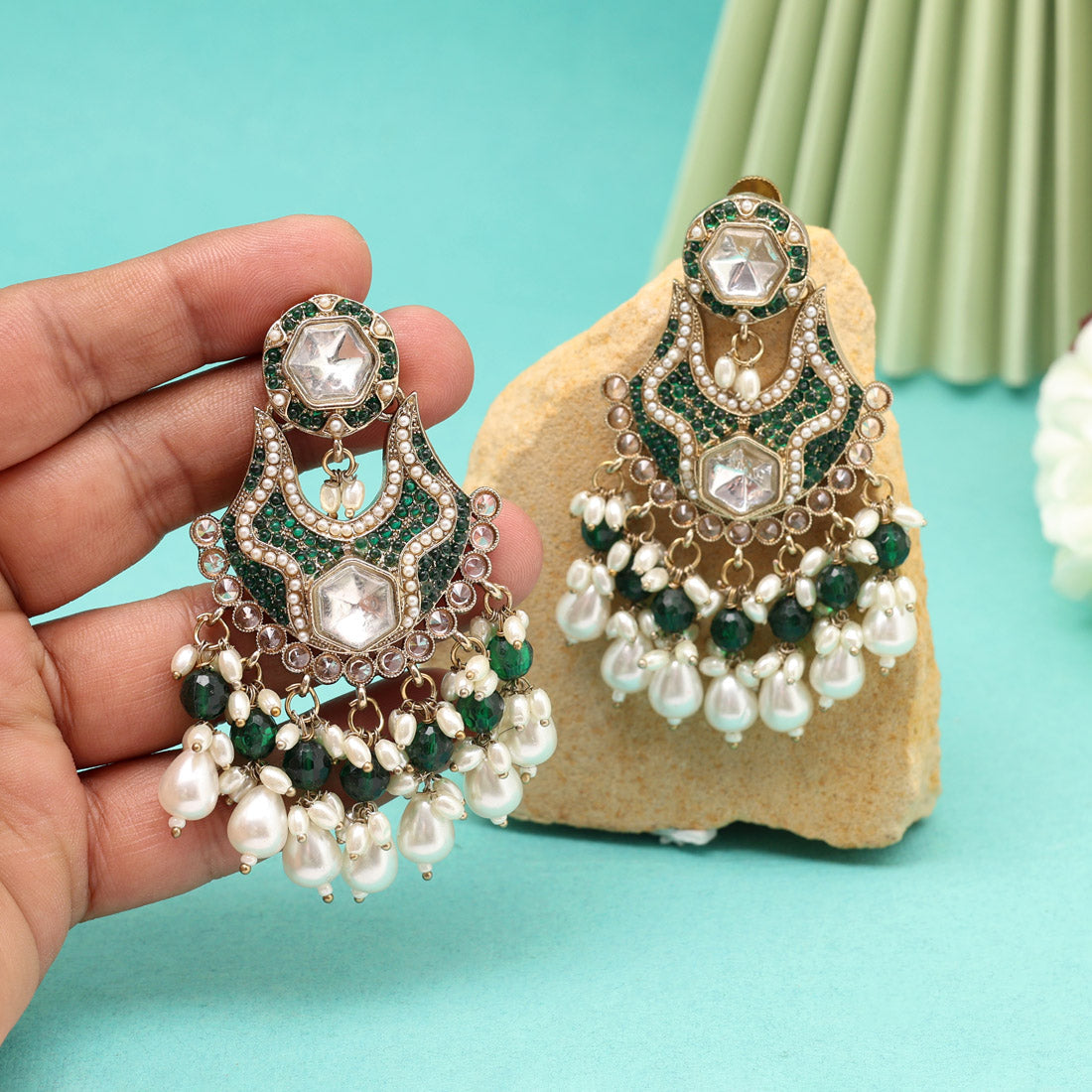 Green Color Pakistani Kundan Earrings Jewellery GetGlit