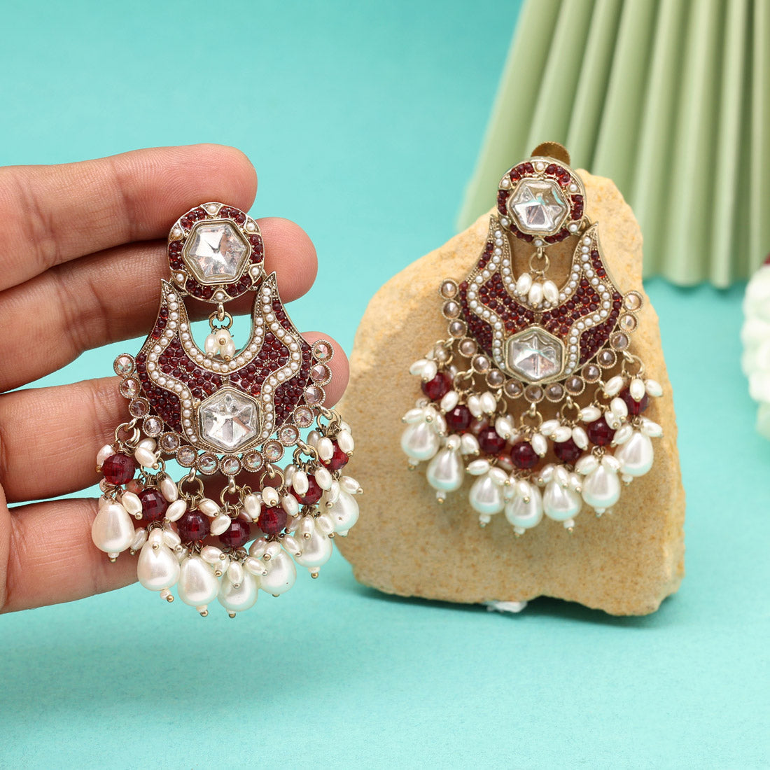 Maroon Color Pakistani Kundan Earrings Jewellery GetGlit