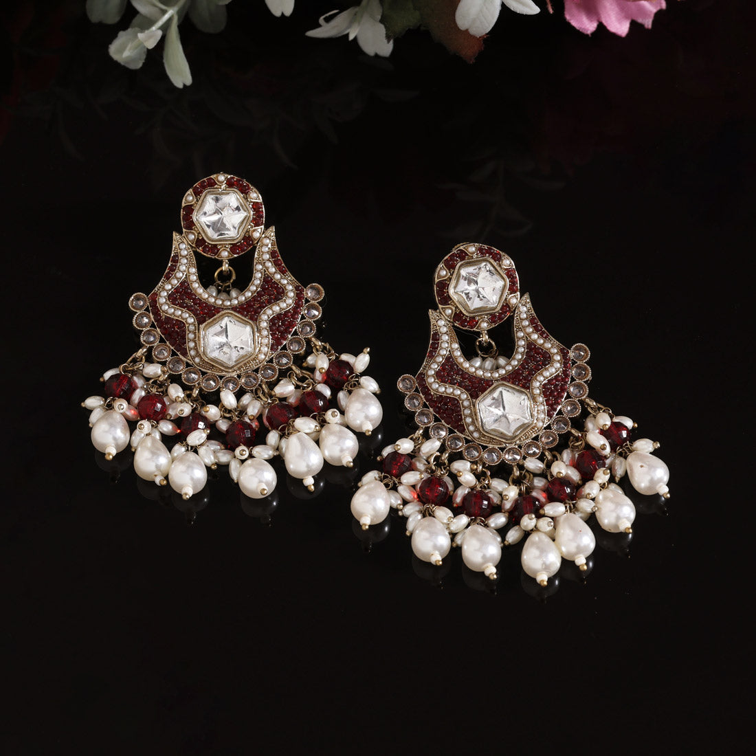 Maroon Color Pakistani Kundan Earrings Jewellery GetGlit