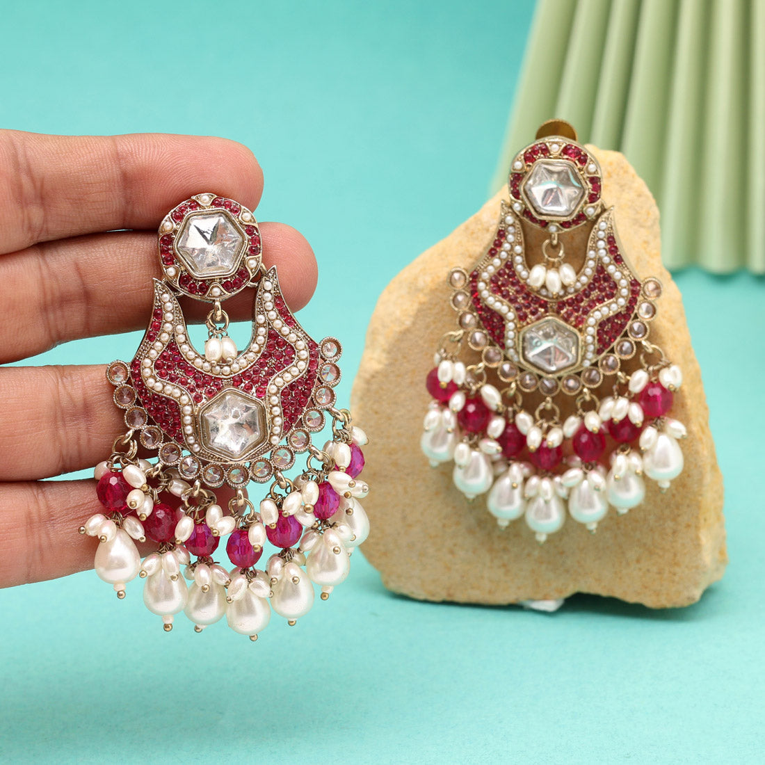 Rani Color Pakistani Kundan Earrings