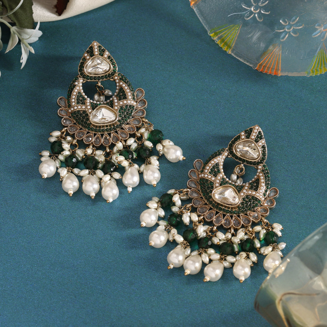 Green Color Pakistani Kundan Earrings (KDE1017GRN) Jewellery GetGlit