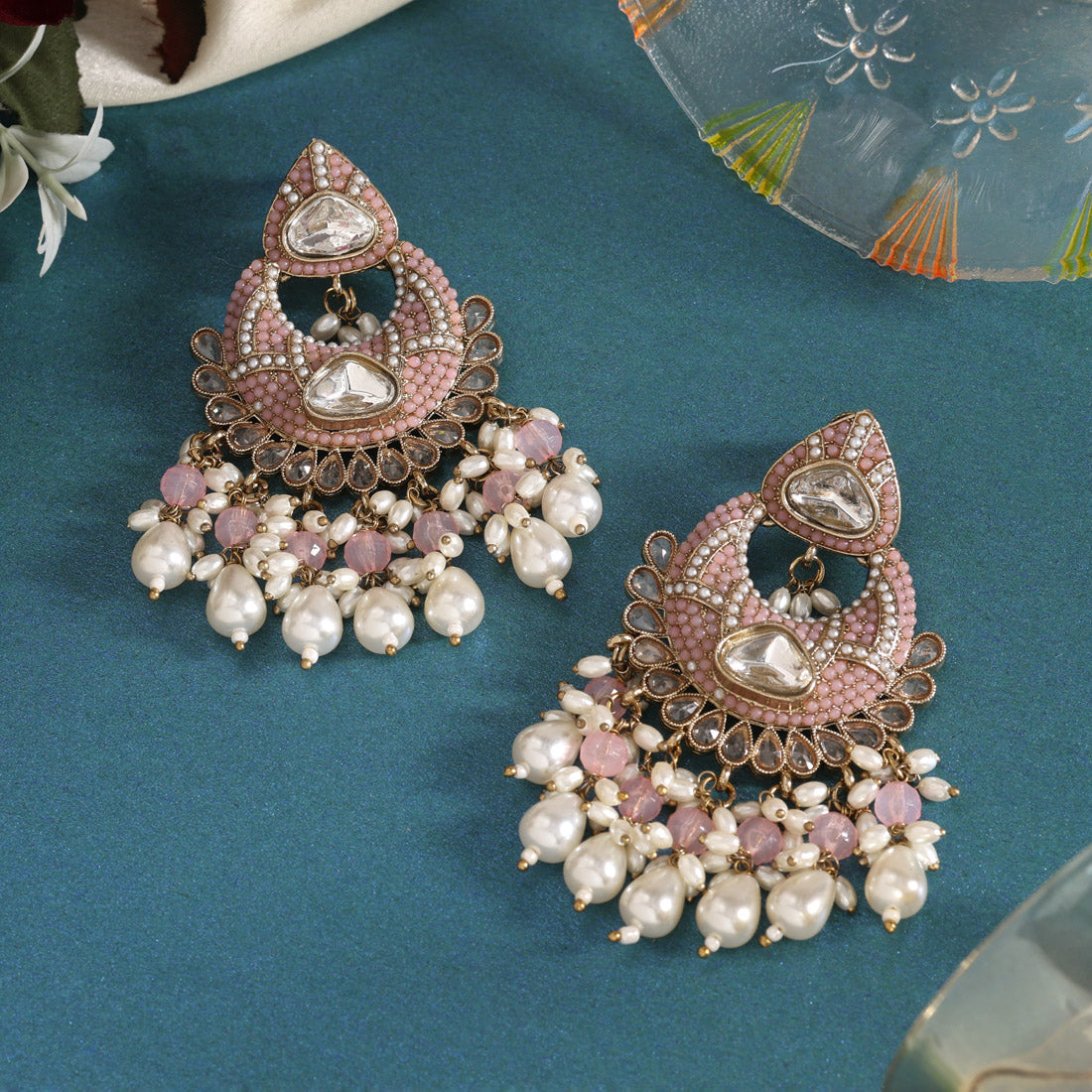 Light Pink Color Pakistani Kundan Earrings (KDE1017LPNK)