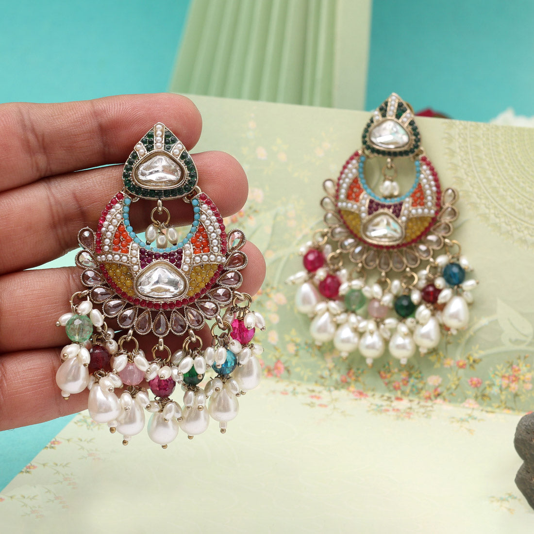 Multi Color Pakistani Kundan Earrings (KDE1017MLT)