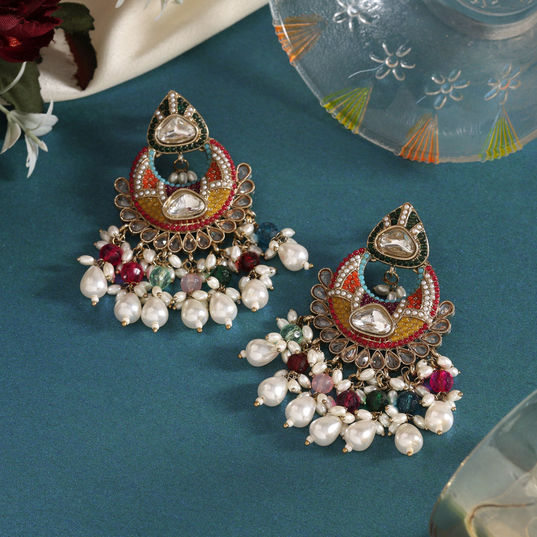 Multi Color Pakistani Kundan Earrings (KDE1017MLT)