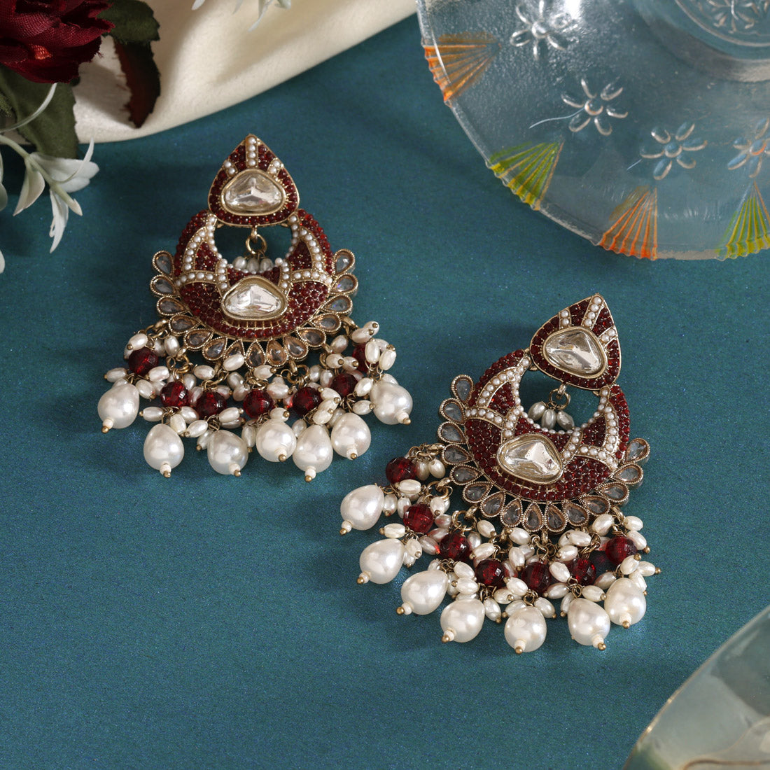 Maroon Color Pakistani Kundan Earrings (KDE1017MRN) Jewellery GetGlit