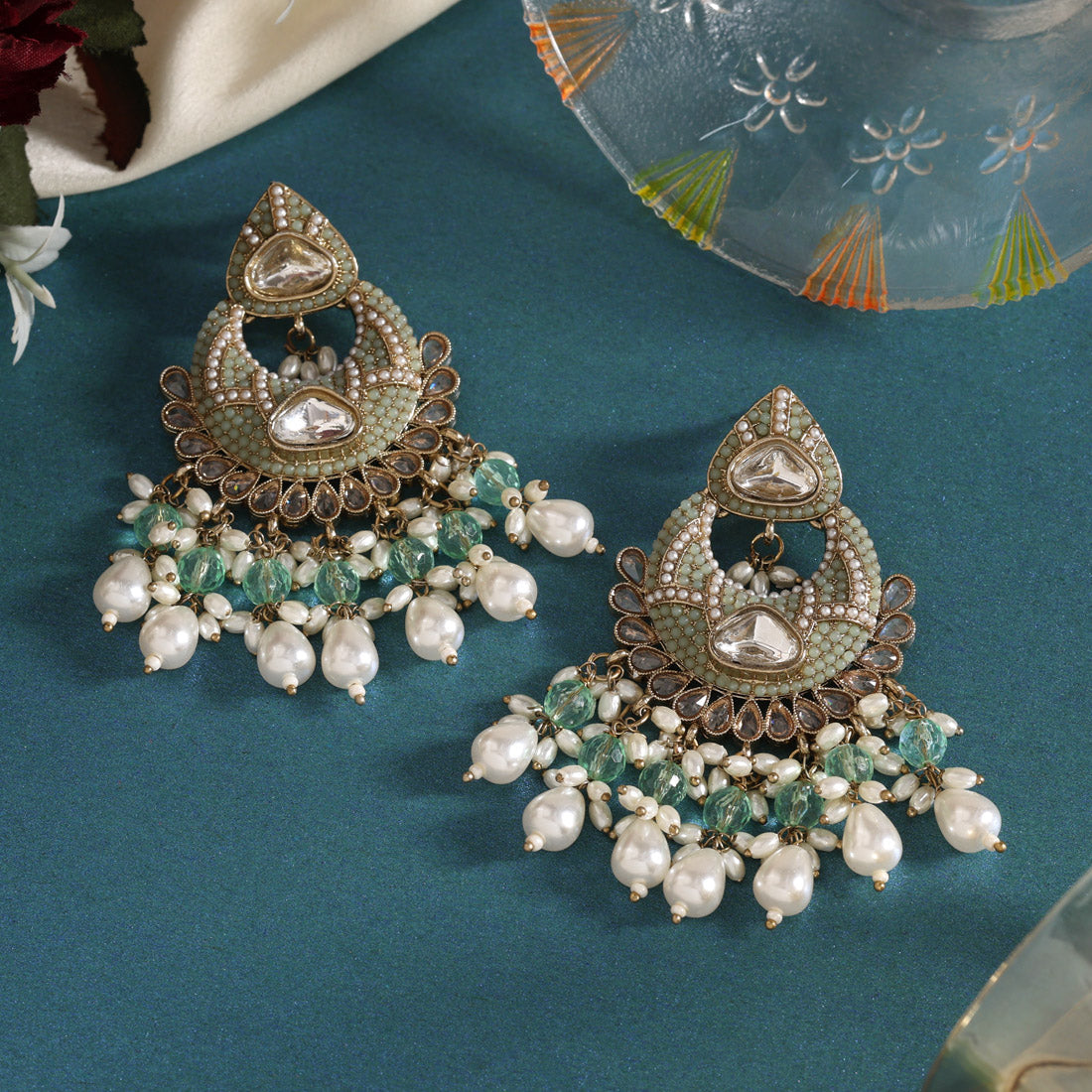 Pista Green Color Pakistani Kundan Earrings (KDE1017PGRN) Jewellery GetGlit