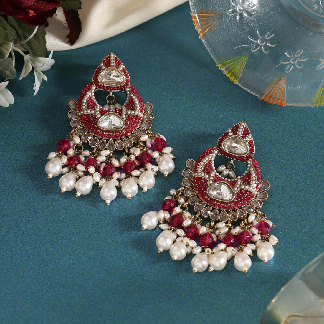 Rani Color Pakistani Kundan Earrings (KDE1017RNI) Jewellery GetGlit