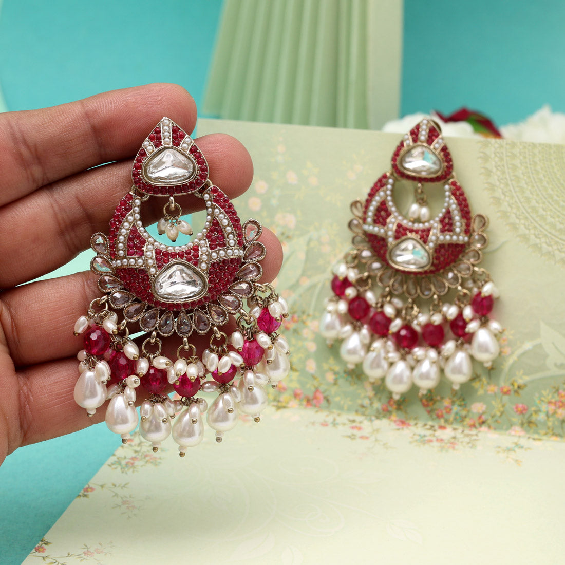 Rani Color Pakistani Kundan Earrings (KDE1017RNI) Jewellery GetGlit