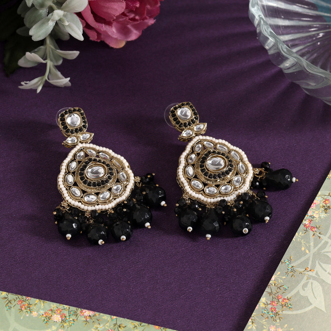 Black Color Kundan Earrings (KDE1018BLK)