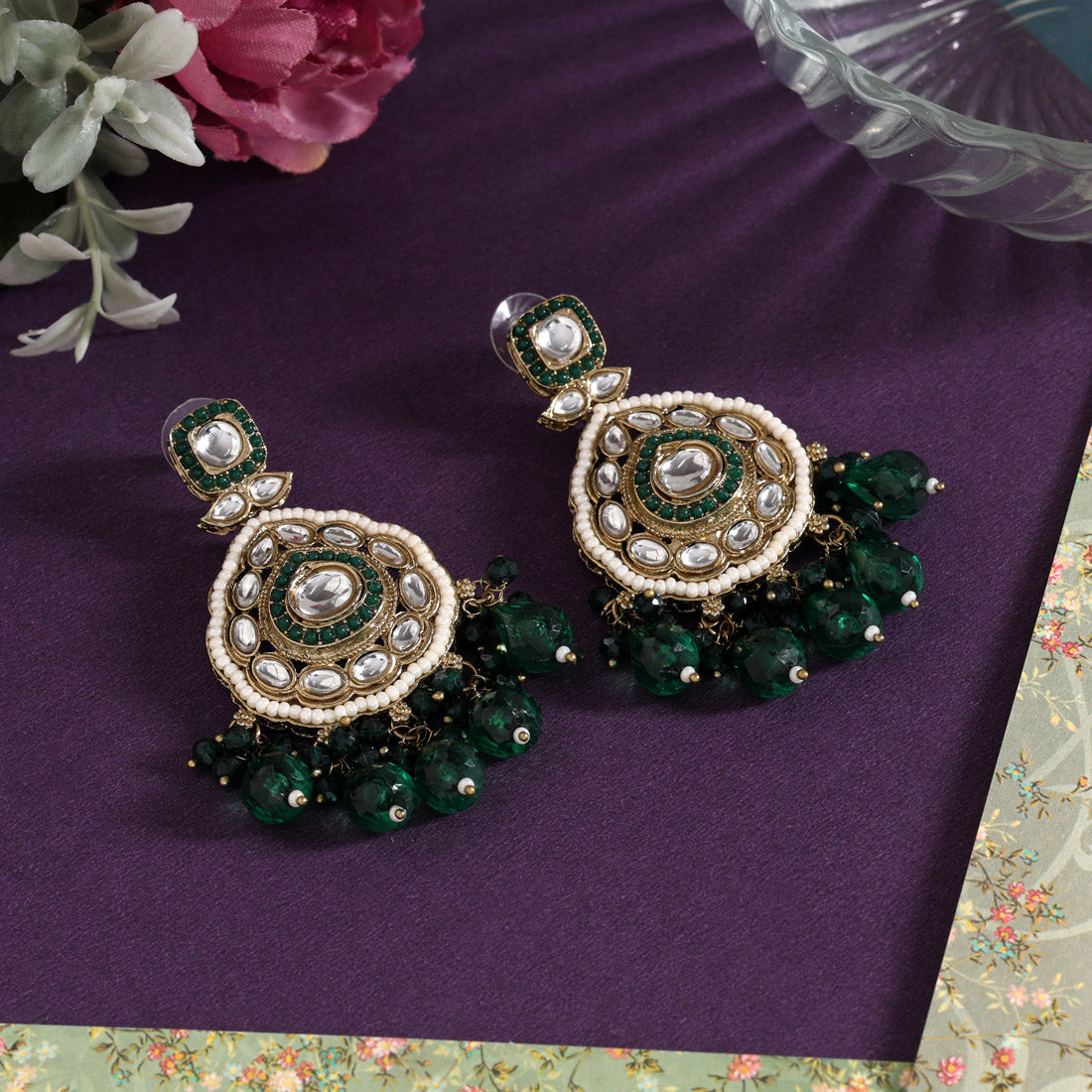 Green Color Kundan Earrings (KDE1018GRN) Jewellery GetGlit