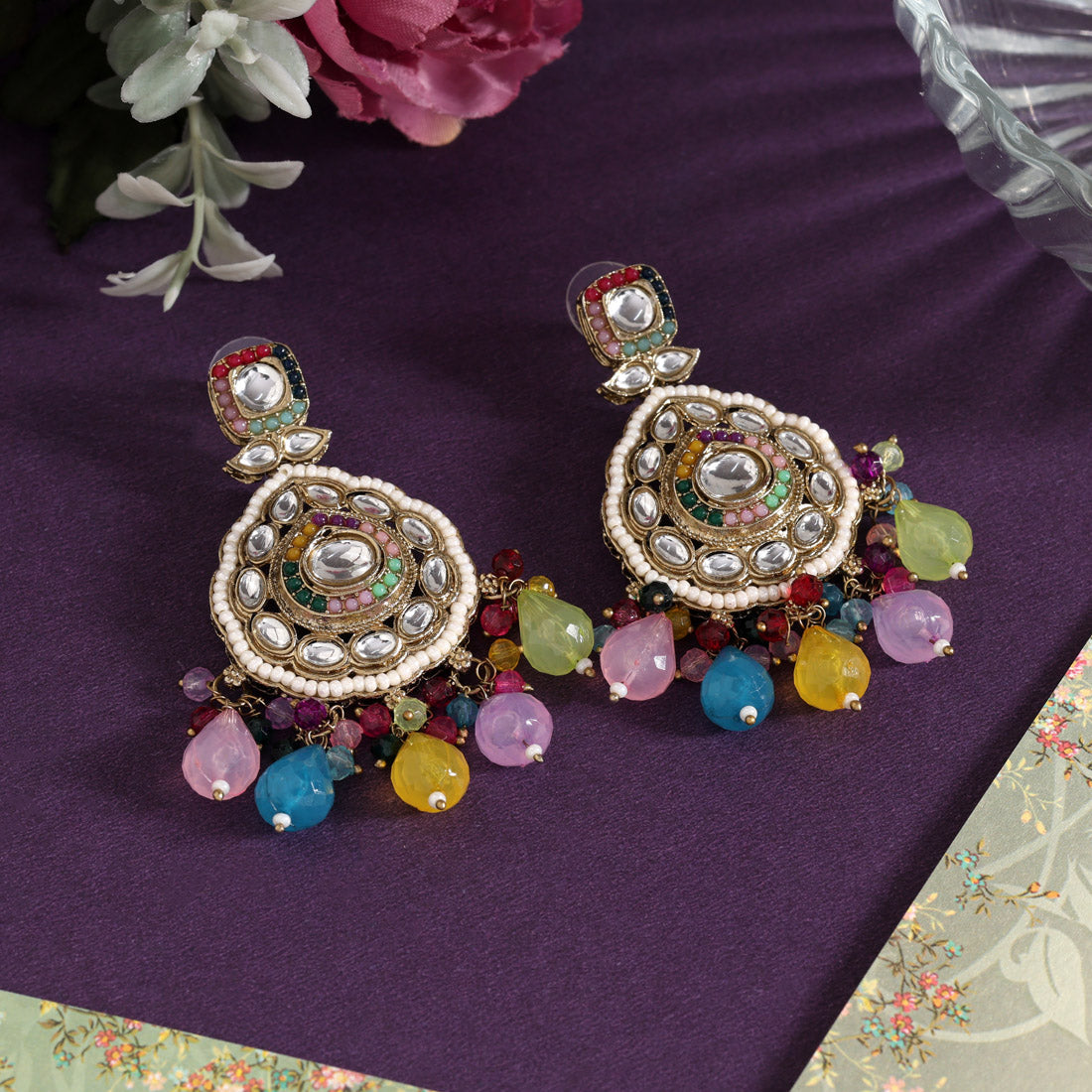 Multi Color Kundan Earrings (KDE1018MLT)